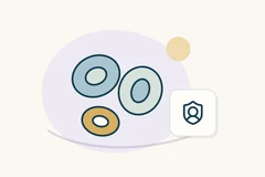 Three oval blood-cell symbols beside a person-in-shield badge.
