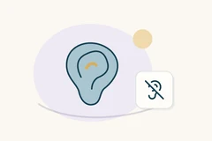 Ear symbol beside a smaller crossed-out ear badge.