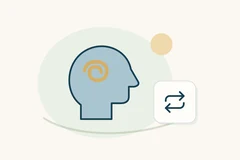 Head-profile symbol with a gold spiral beside two looping arrows.