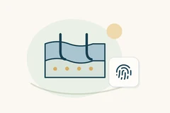 Layered skin symbol with two hair-like curves beside a fingerprint icon.