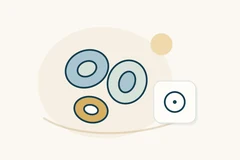 Three oval blood-cell symbols beside a circle-and-dot badge.